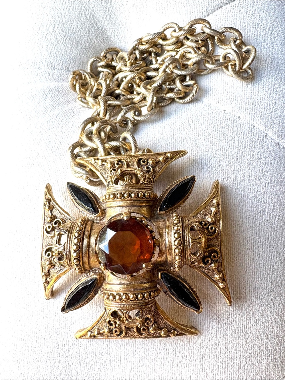Florenza Signed Gold Tone Maltese Cross Pendant Necklace Brown Round Stone